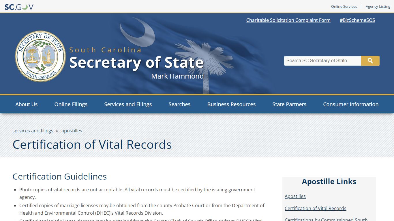 Certification of Vital Records | SC Secretary of State - South Carolina